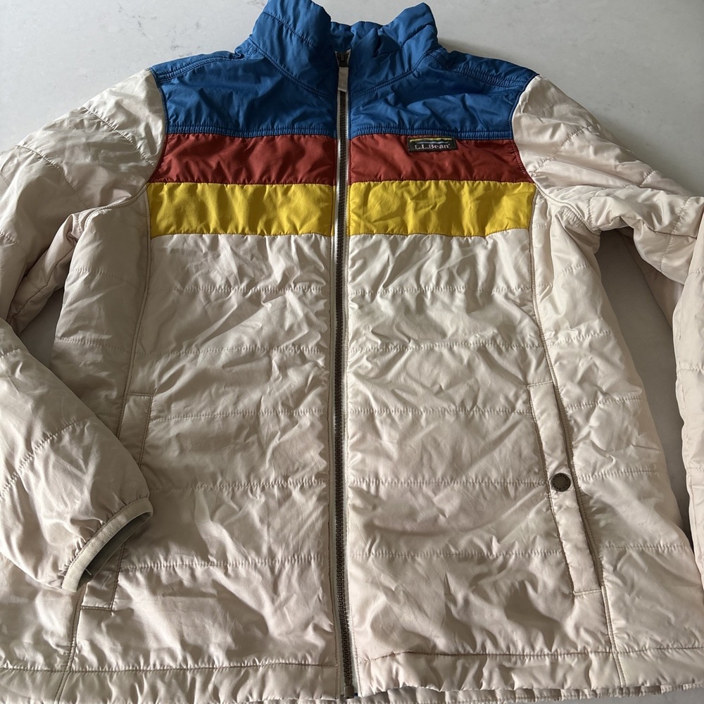 LL Bean Colorblock Puffer Women L Jacket Retro Blue Red Yellow Full Zip Gorpcore